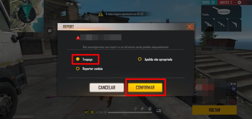 denunciar hack free fire confirmar